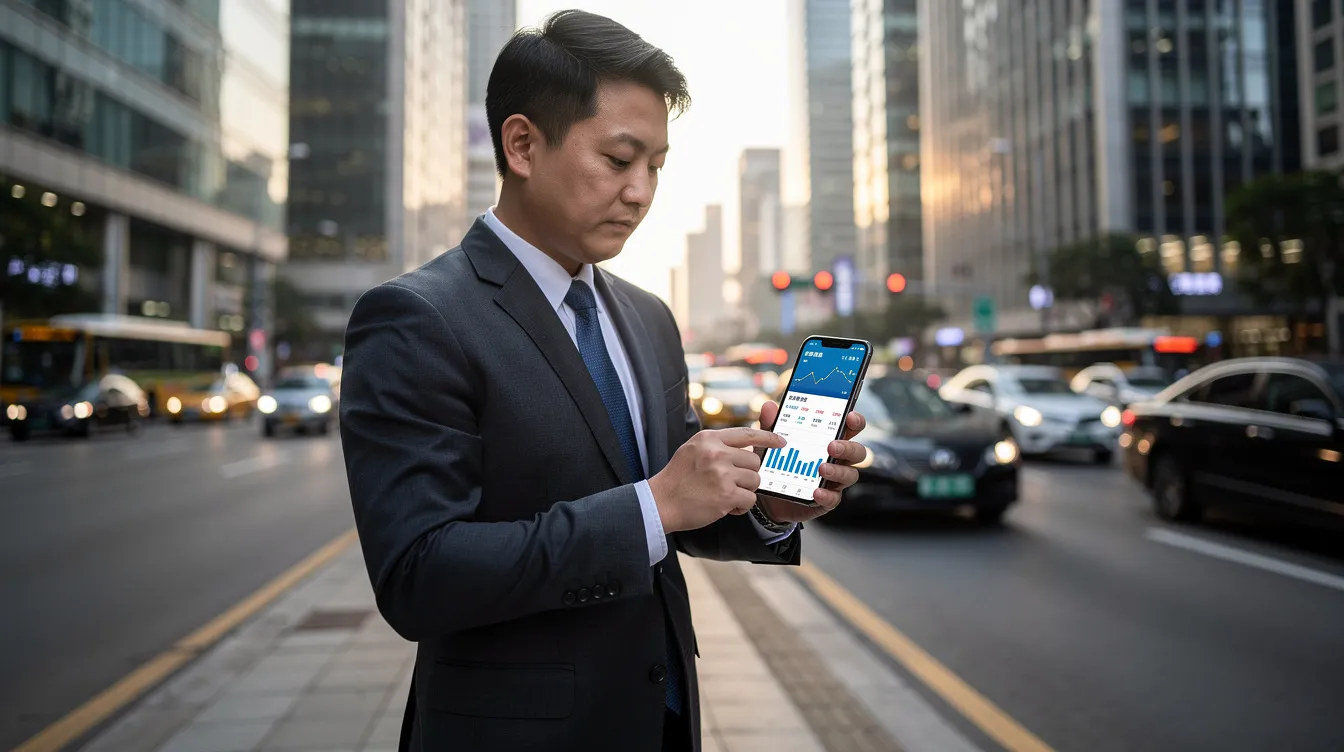 A busy office worker in the city is holding a smartphone, checking financial data related to their credit card transactions and rewards. The image captures the modern lifestyle of managing expenses and benefits like cash back and points while on the go.