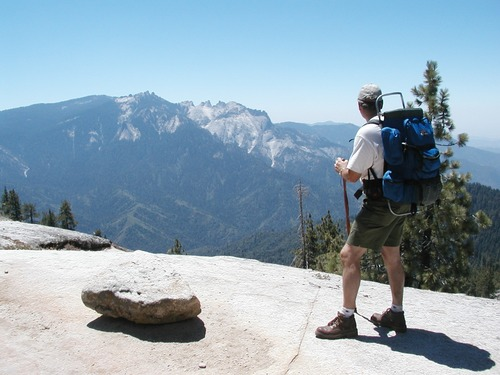 Hiker stands near the edge of a drop off looking out at an expansive view of mountains near Bear Paw Meadow. - NPS
