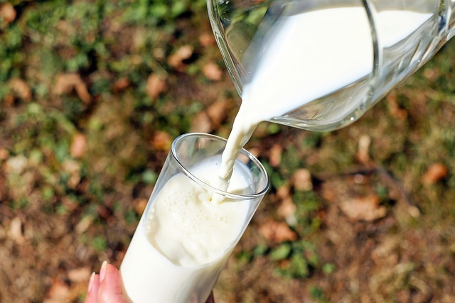 An image of a pitcher of milk being poured into a drinking glass. 