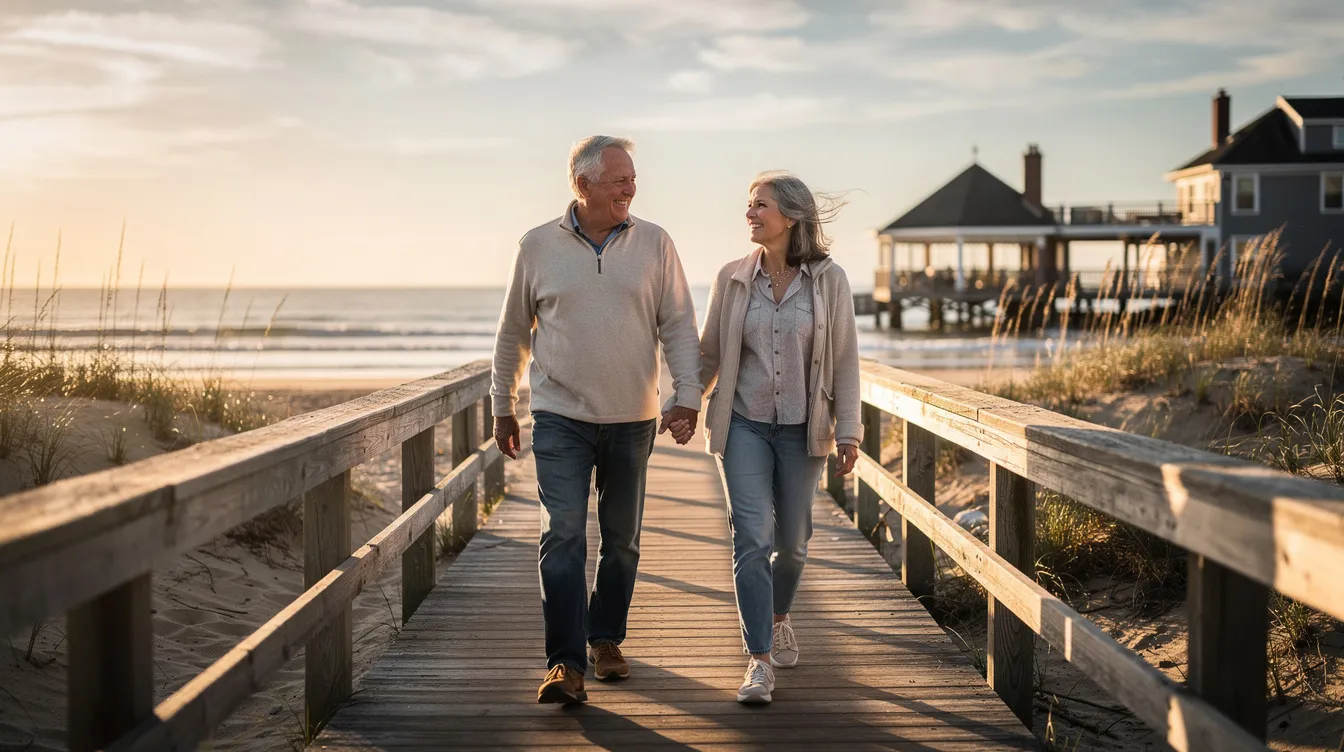 An older couple strolls hand-in-hand along a scenic boardwalk at a Connecticut beach, with the gentle waves of Long Island Sound in the background. This picturesque setting is perfect for seniors seeking independent living options close to the community and various services.