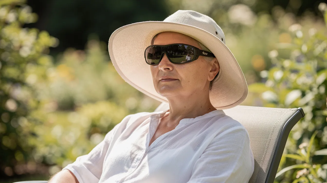 A patient is seen outdoors wearing sunglasses and a wide-brimmed hat, enjoying the sunlight after undergoing upper blepharoplasty. This image captures the healing process of eyelid surgery recovery, highlighting the importance of protecting the eyes from sun exposure during the recovery period.