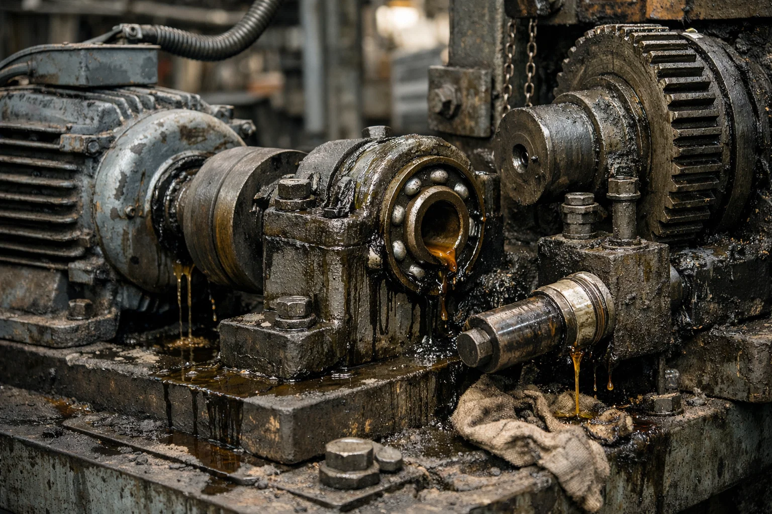 Industrial machinery showing wear, leaks, and mechanical stress that lead to equipment breakdowns.