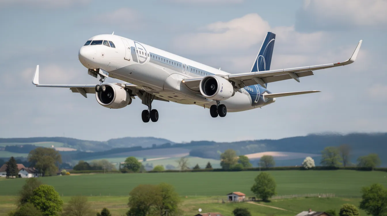 A modern narrow-body jet aircraft, resembling a Boeing 737, is on final approach over a lush green landscape, showcasing its blended winglets at the wingtips. The image highlights the aircraft's sleek design and advanced technology, characteristic of the next generation of commercial aviation.