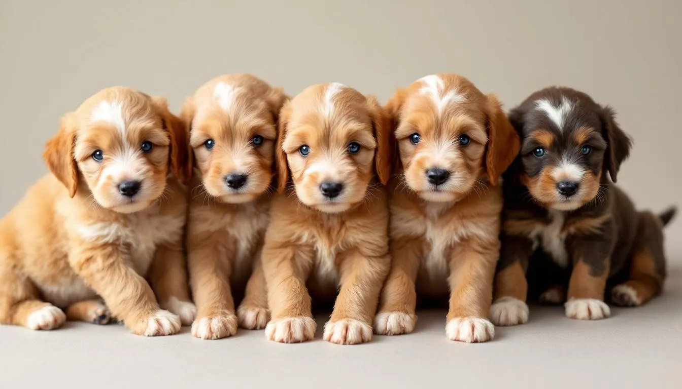 A litter of F1BB Goldendoodle puppies is playfully gathered together, showcasing a delightful variety of coat colors and patterns, including wavy and curly textures. These adorable, healthy puppies are an ideal choice for families, being gentle and hypoallergenic, making them a great addition to any home.