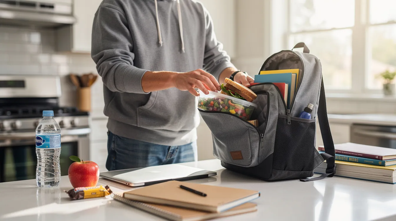 A college student is seen packing a lunch into a backpack on a kitchen counter, preparing for a day on campus. This scene reflects student life, where budgeting for meals is essential for saving money and managing limited income while attending college.