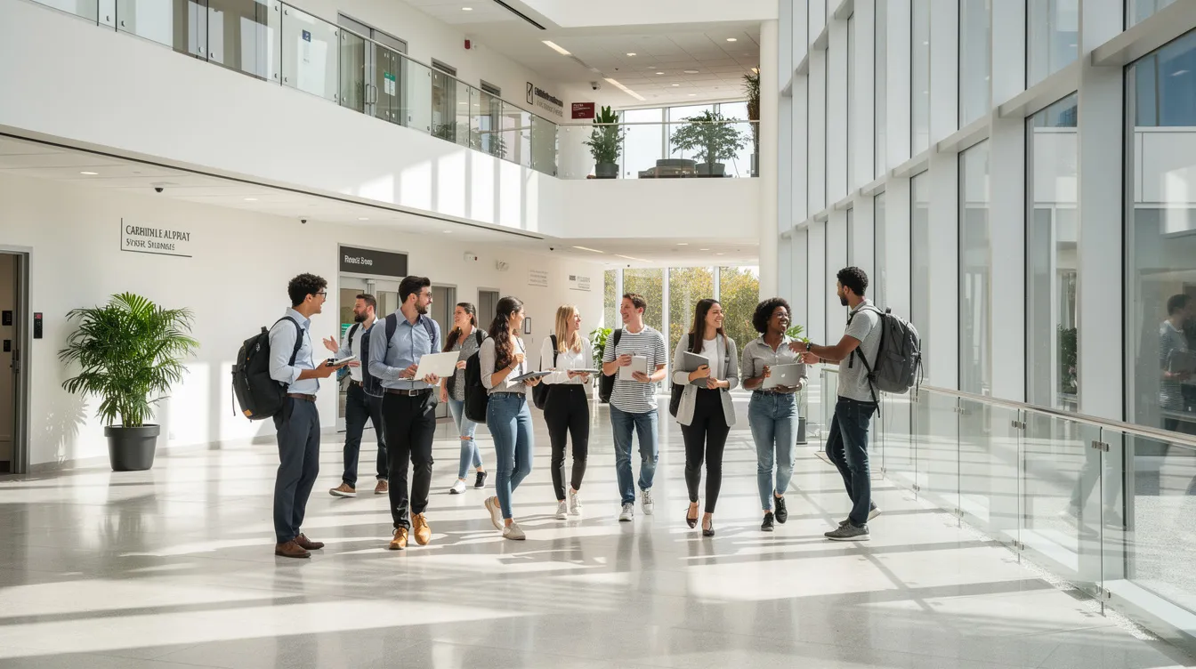 A group of young professionals is walking through a bright campus building, symbolizing the vibrant environment of an internship program where future employees can develop their skills and interests. This scene reflects the collaborative spirit of program management and the importance of providing resources for interns to thrive in their careers.