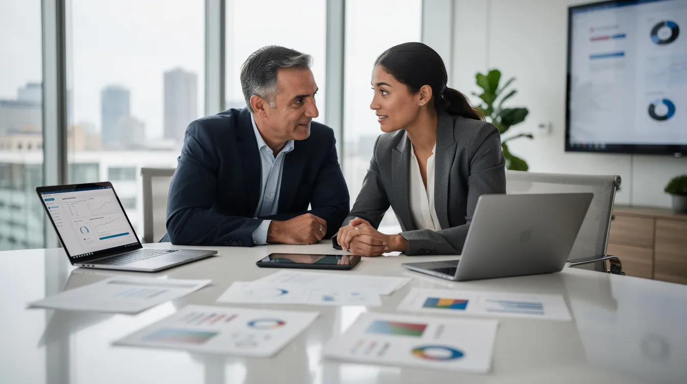 Two business professionals are seated at a conference table, reviewing documents and data together. They are focused on presenting data effectively, highlighting key insights to establish credibility and engage their audience members.