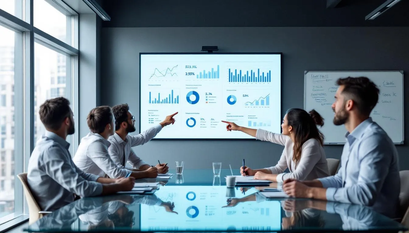 A marketing team focused on the pool industry is gathered around a table, discussing charts and graphs that illustrate the performance of their recent campaigns. The meeting highlights their strategies for digital marketing, aimed at generating high-quality leads for pool service companies and builders.