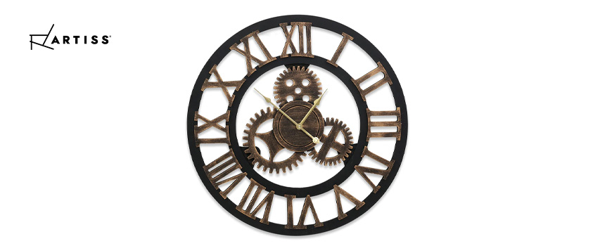 An Artiss industrial style wall clock with metal cogs and large roman numerals.