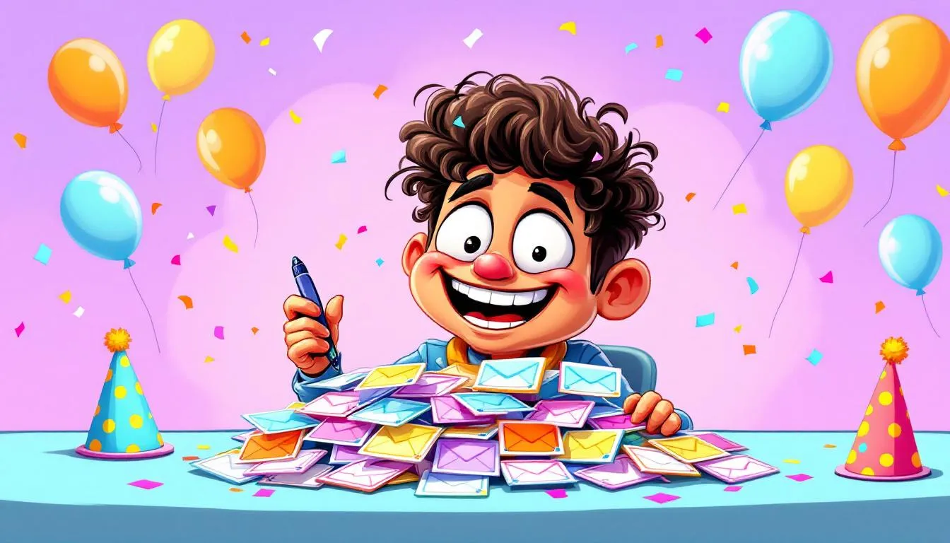 A cheerful person sending funny birthday email cards to friends.