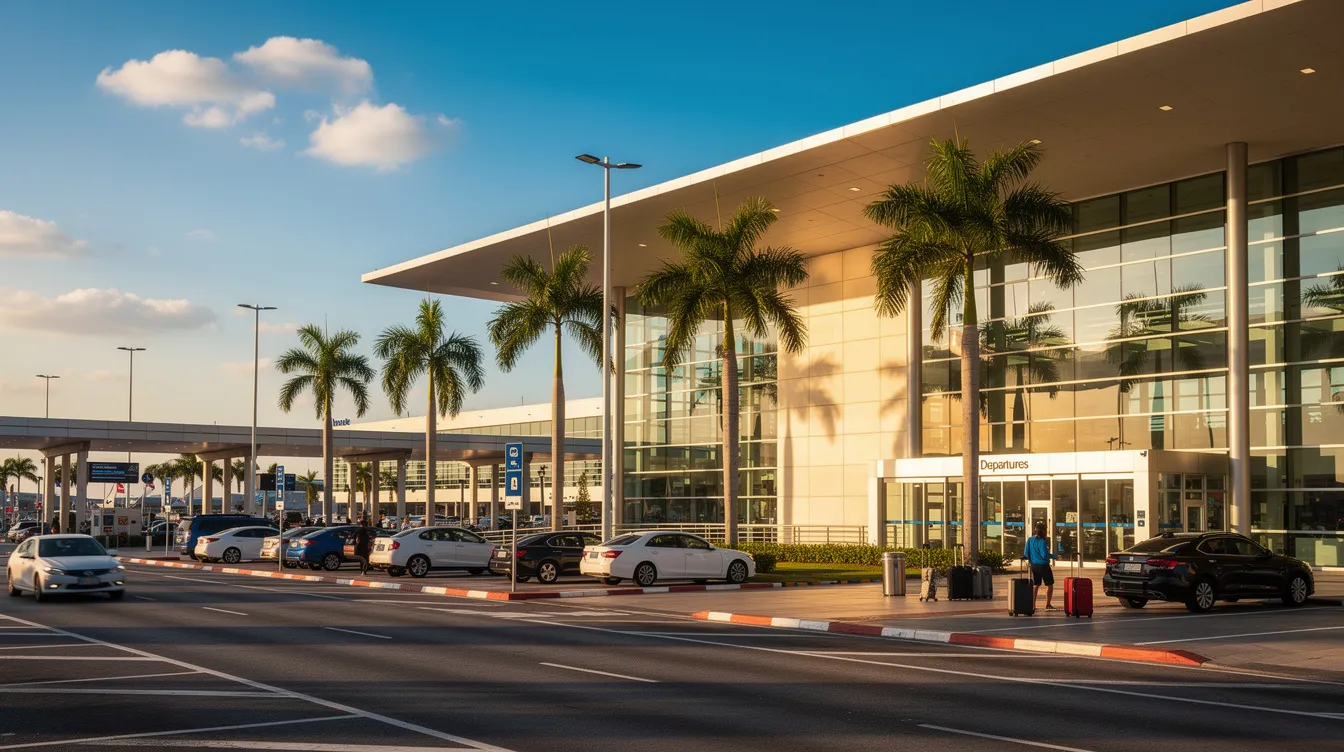 An exterior view of Tangier Ibn Battouta Airport shows a modern terminal building surrounded by parked cars and palm trees, all under a bright blue sky. This vibrant scene highlights the car rental locations available for travelers, offering various options for those looking to rent a car in Tangier and explore the beautiful Moroccan landscapes.