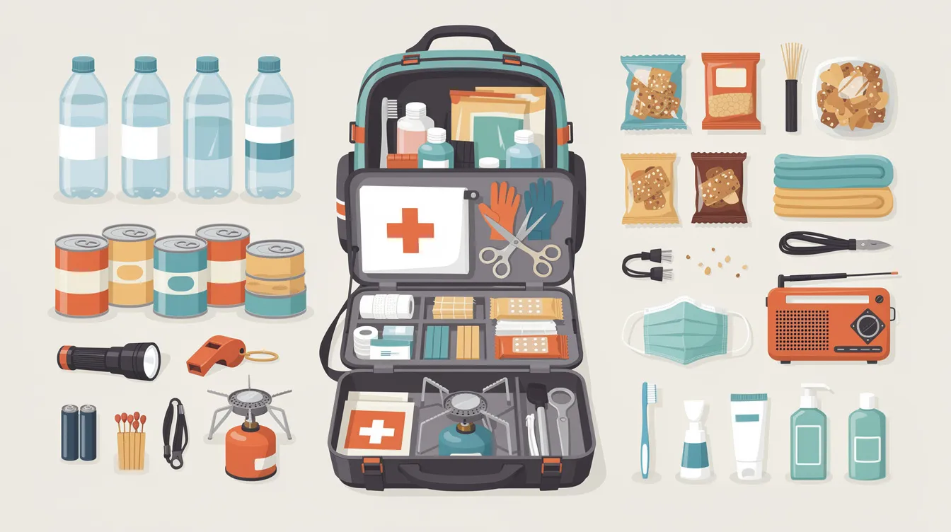 A well-organized emergency supply kit with essential items like water, food, and a first aid kit.