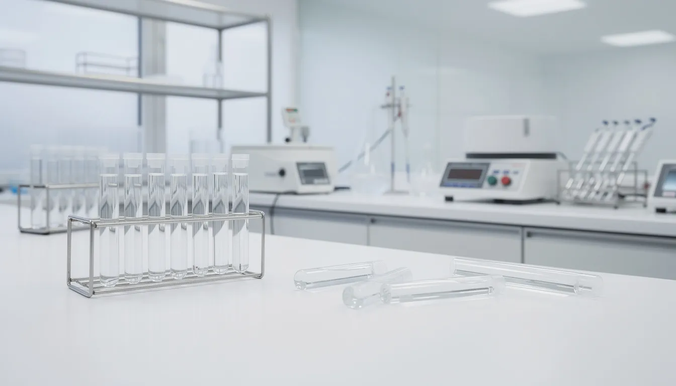 The image depicts a clean laboratory environment filled with various scientific equipment and glass vials containing clear liquids, suggesting a focus on nmn research and evaluating nmn supplements for their health benefits. This setting is ideal for exploring the potential of nicotinamide mononucleotide in supporting cellular health and boosting energy production.