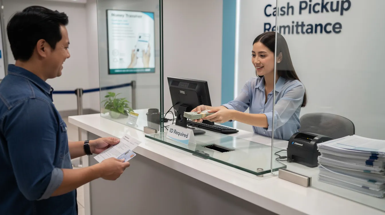 The image depicts a person collecting cash at a bank counter window, illustrating the cash pickup remittance services offered by MCB Bank. This scene highlights the convenience of international money transfers and the secure transactions available through traditional banks.