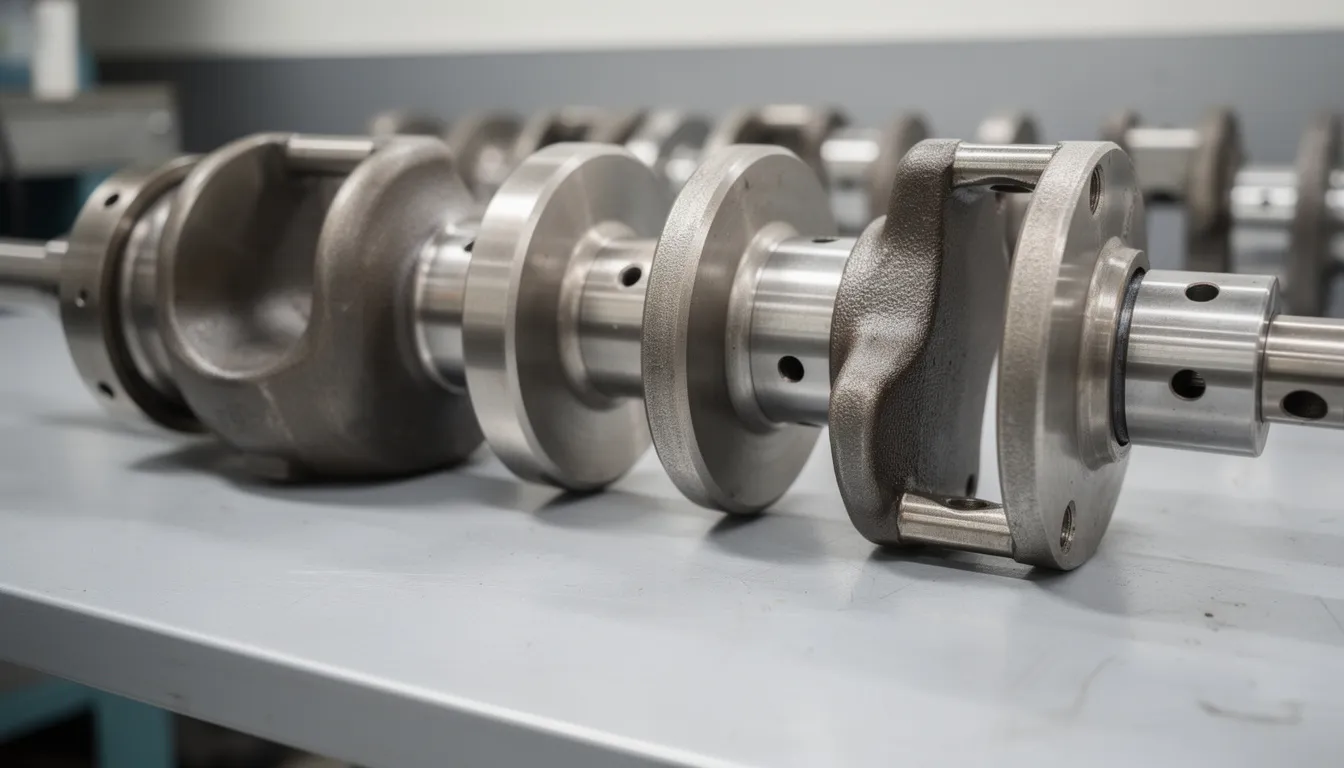 A close-up view of a diesel engine crankshaft is displayed on a clean workbench, showcasing the detailed bearing journals and rod bearings. The image highlights the precision engineering typical of a machine shop environment.