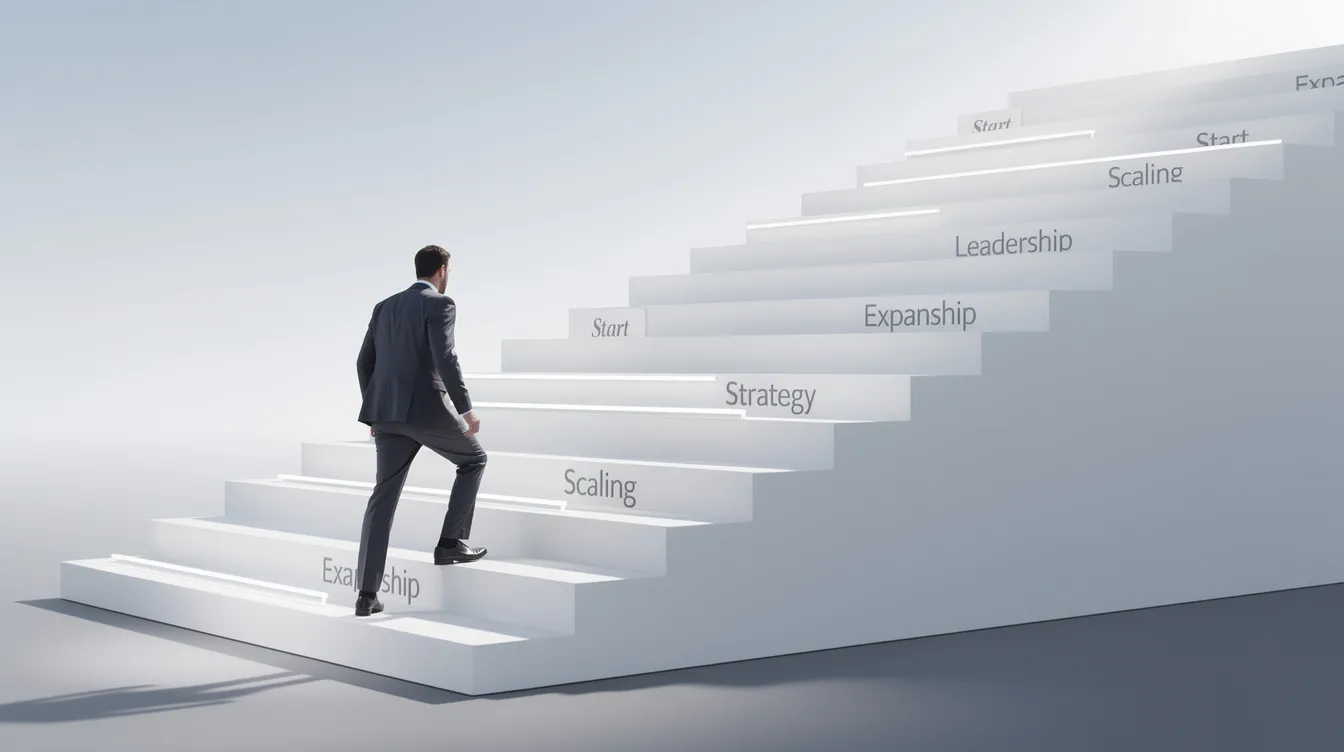 Une personne grimpe une large escalier avec des marches de plus en plus hautes, symbolisant les différentes étapes de la croissance d'un business. Cette image évoque le concept de "scaler son activité" et de l'importance d'augmenter son chiffre d'affaires à travers des stratégies adaptées.