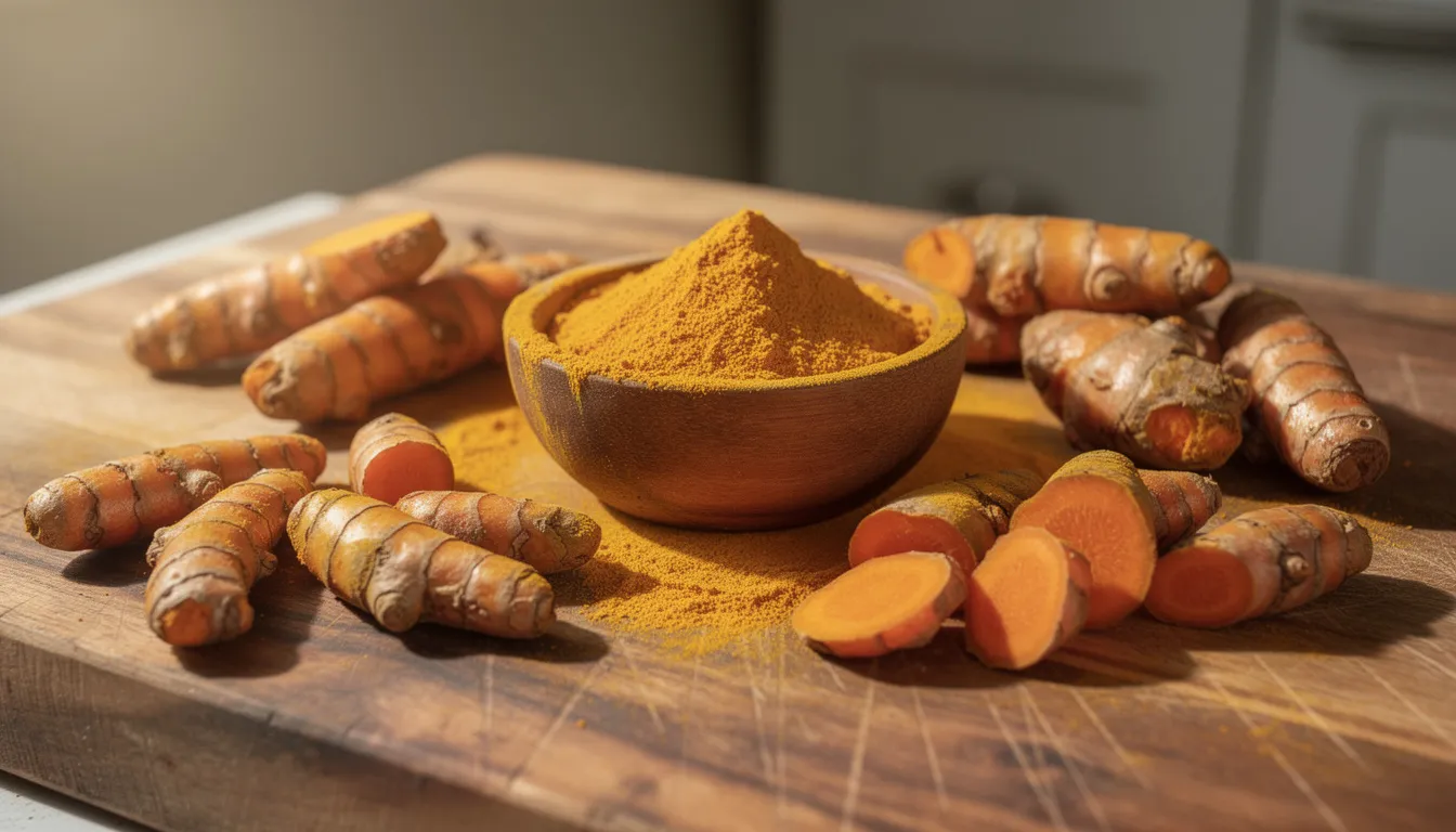 The image features fresh turmeric roots alongside bright yellow turmeric powder, both beautifully arranged on a wooden cutting board. This vibrant display highlights the potential health benefits of turmeric and curcumin, known for their anti-inflammatory properties and antioxidant effects, making them popular choices in dietary supplements for conditions like rheumatoid arthritis and joint pain.