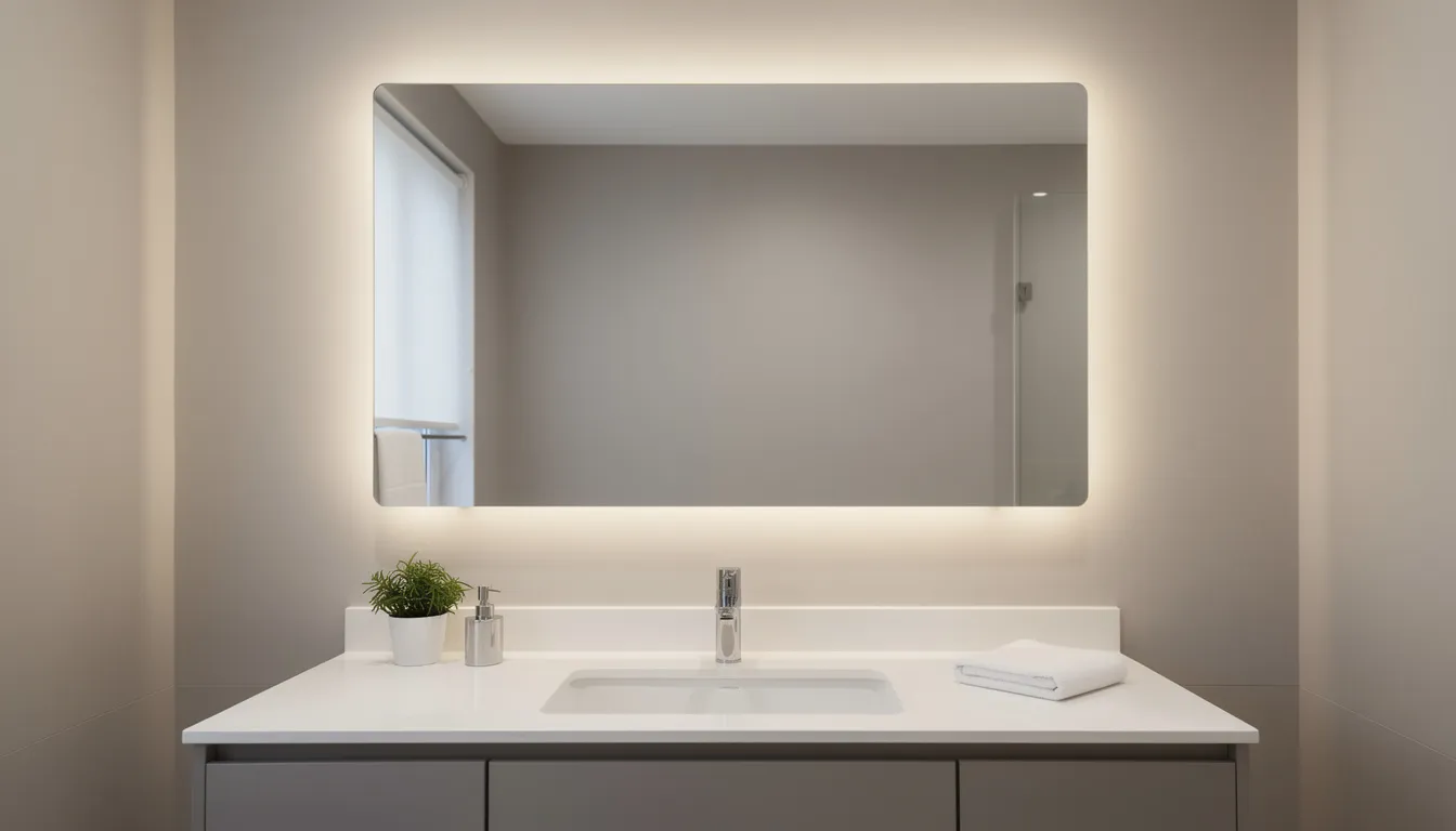 The image features a modern bathroom vanity with an illuminated mirror that has soft LED backlighting, creating a spa-like atmosphere. This stylish setup highlights advanced bathroom technology, enhancing both the aesthetic and functionality of the space.