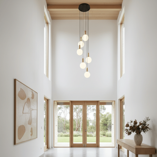 Cluster pendant light with multiple frosted globe bulbs hanging at staggered heights from a black ceiling canopy in a tall entryway.