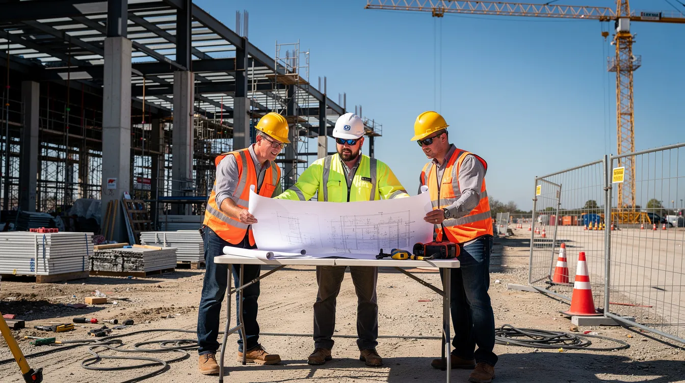 A construction foreman is reviewing blueprints with two crew members on a commercial building site, showcasing teamwork and leadership skills in the construction industry under clear skies. This scene highlights the importance of skilled trades and effective construction management in successful construction projects.