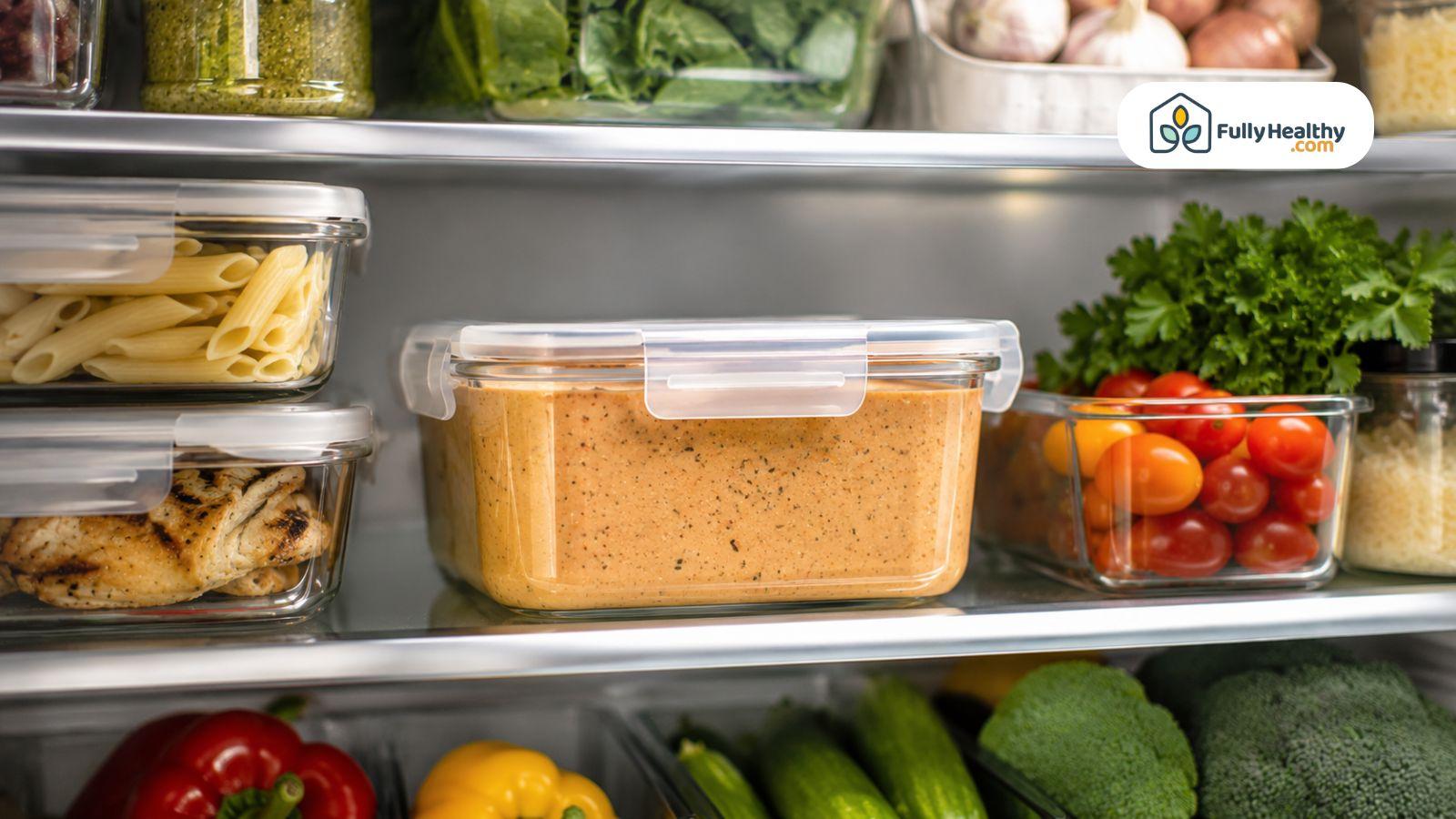 Airtight container of pasta sauce stored neatly among fresh groceries inside refrigerator.