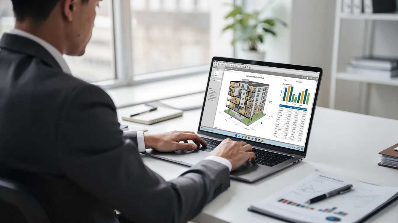 A person is focused on reviewing architectural renderings and financial charts displayed on a laptop in a clean office environment, emphasizing the importance of real estate branding and marketing strategies for attracting investors and prospective buyers. The scene highlights the professional atmosphere essential for real estate developers and agents as they plan their next property development project.