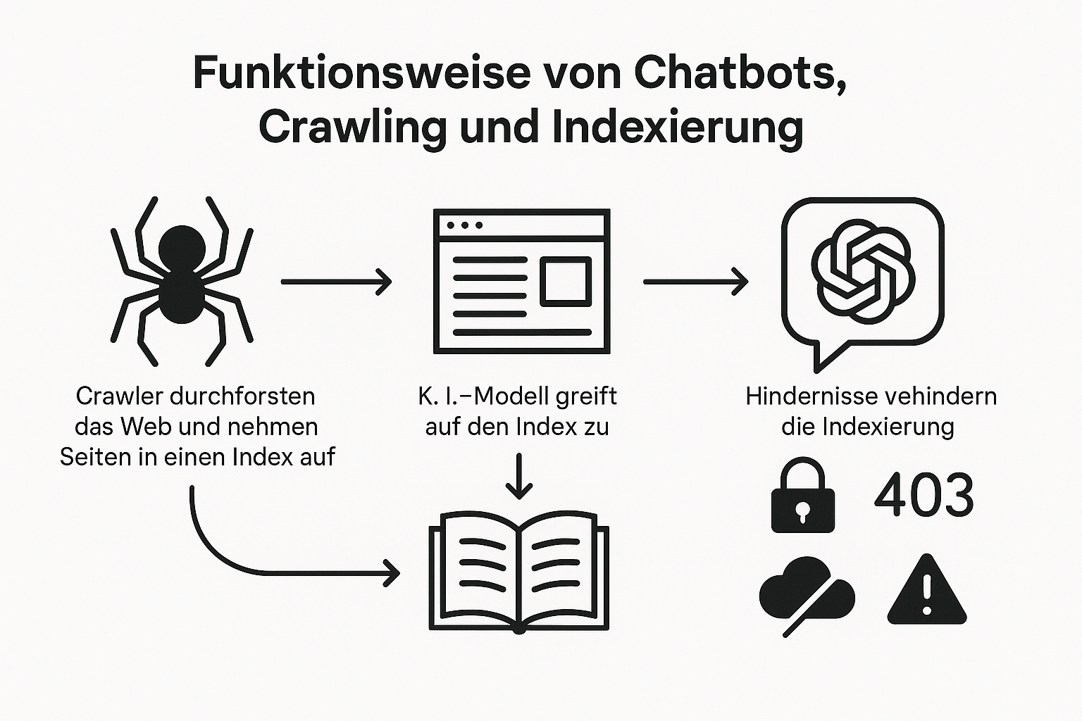 Grafik, die die Funktionsweise von Chatbots, Crawling und Indexierung zeigt