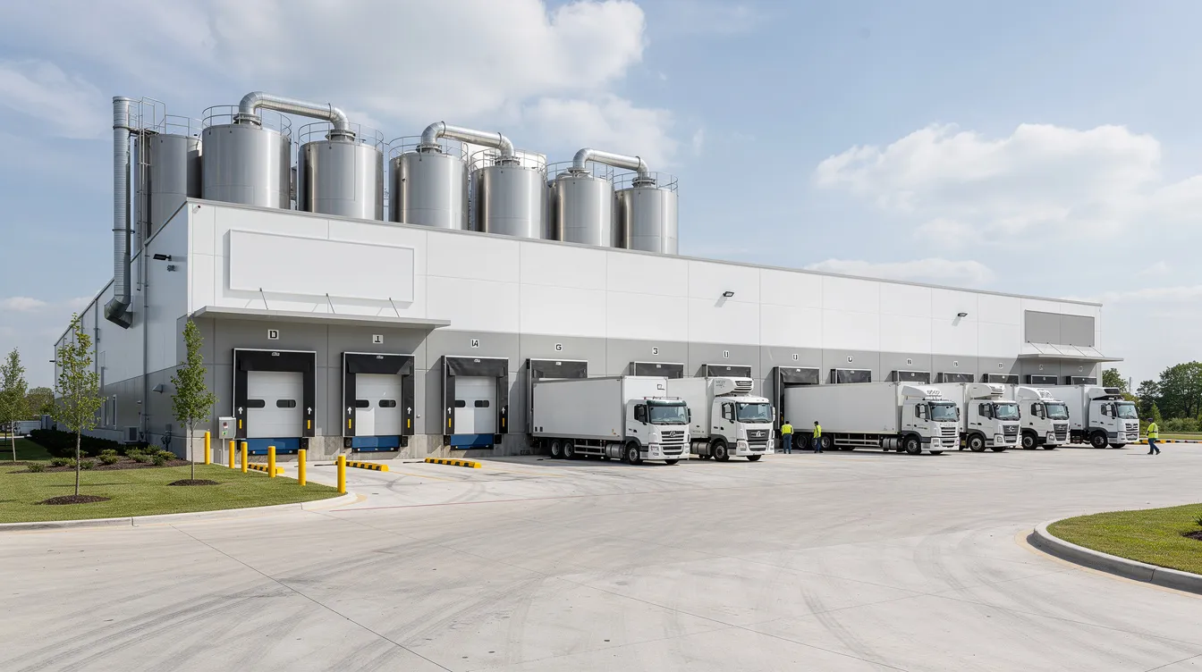 The image depicts the exterior of a modern dairy processing plant, featuring loading docks and refrigerated trucks ready for transportation. This facility is designed for cheese manufacturing, showcasing the infrastructure and technology requirements essential for efficient cheese production in the dairy industry.