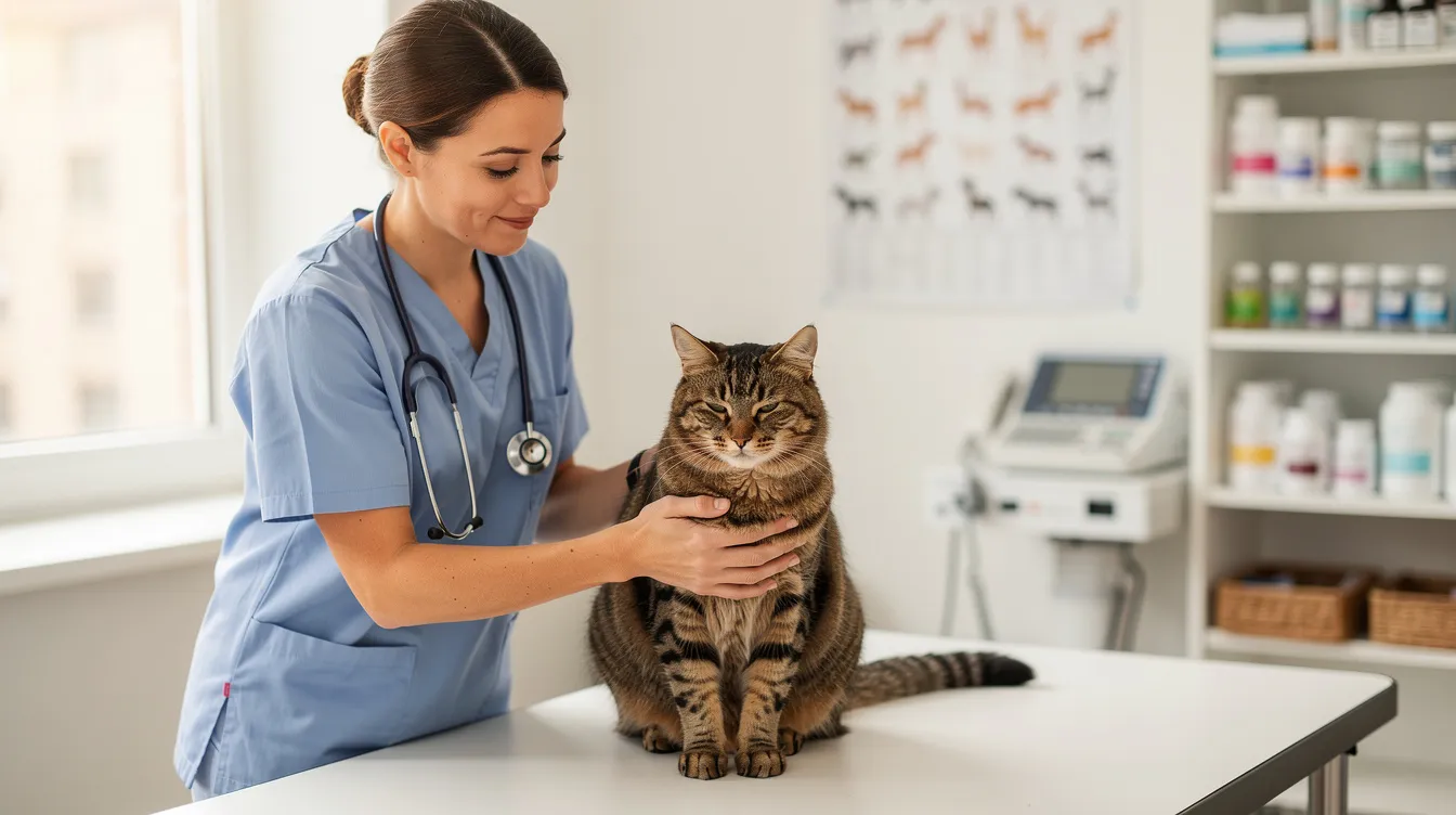 A gentle veterinarian is examining a calm cat on an examination table, ensuring the feline friend's health is optimal. The vet's attentive demeanor suggests a focus on understanding any potential issues related to the cat's diet or underlying medical problems.