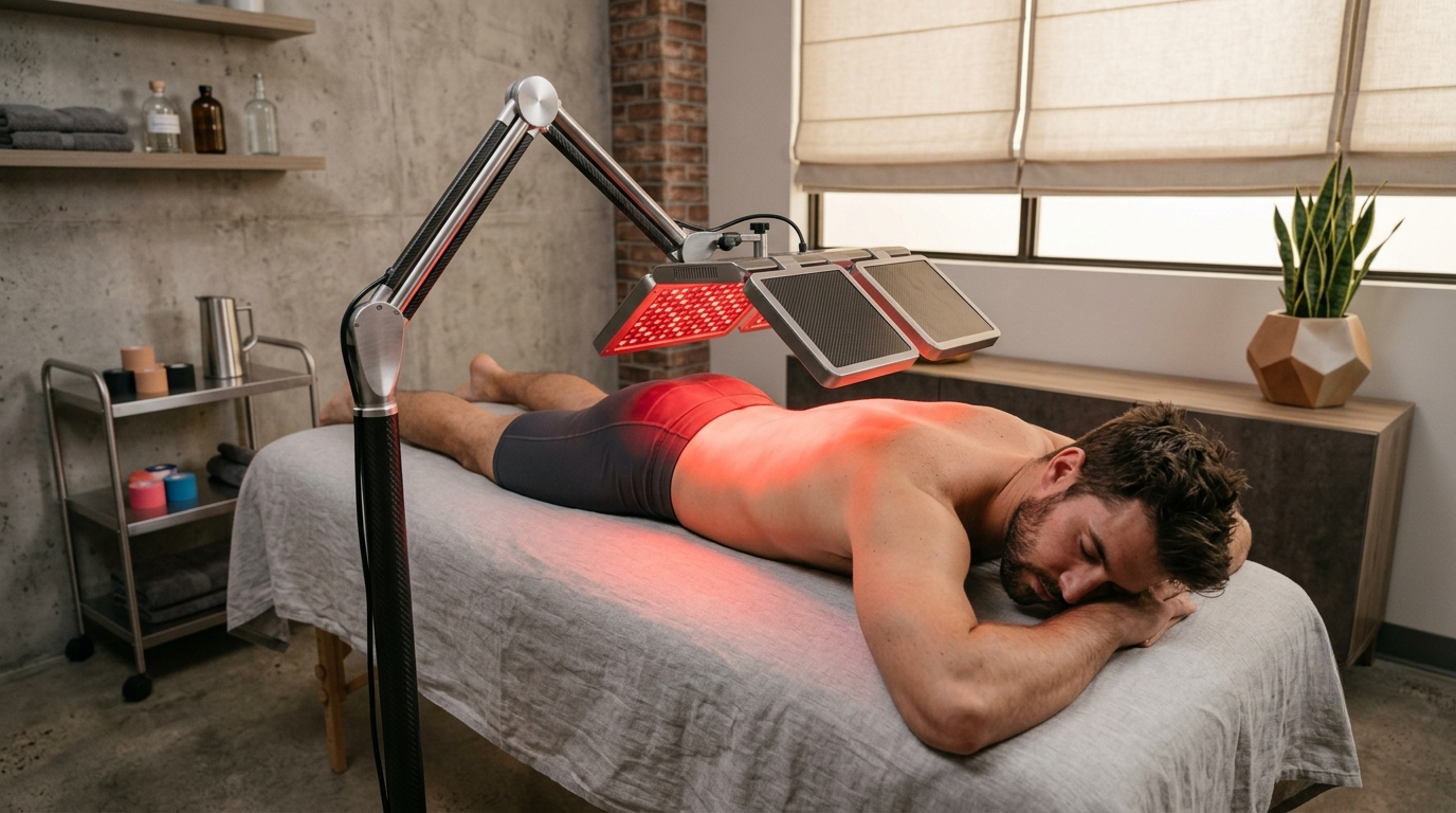 Man receiving red and near-infrared light therapy on his back in a modern recovery studio