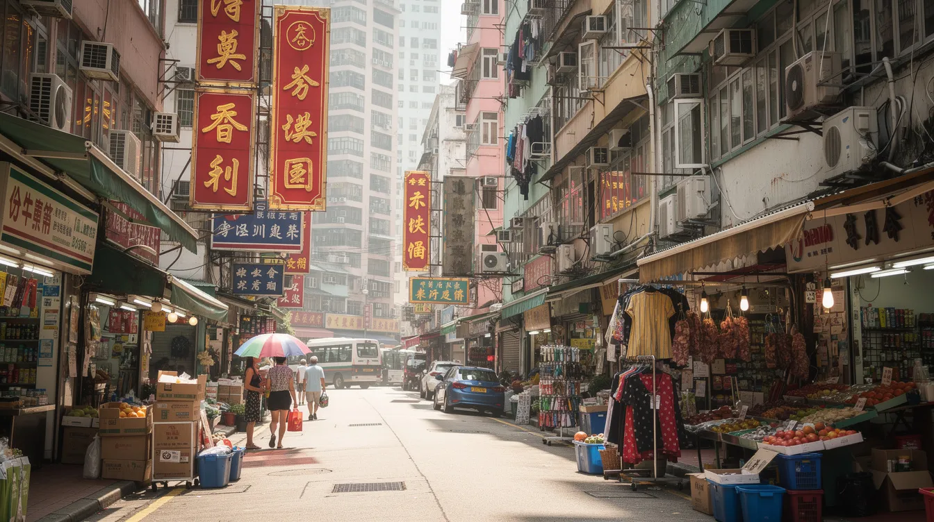 The image depicts a bustling street in Hong Kong filled with small shops and businesses on both sides, showcasing the vibrant atmosphere of urban life during the day. This scene reflects the spirit of local enterprises, which may benefit from various financing options such as 中小企貸款 (SME loans) and 中小企業融資 (SME financing) programs.