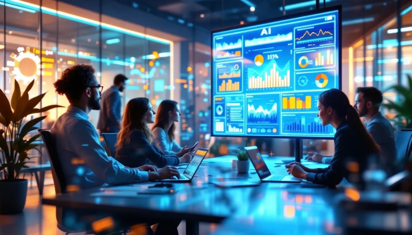 The image illustrates how AI applications can drive business success through various tools and technologies, such as predictive analytics and data analysis, showcasing an AI-powered environment that enhances operational efficiency and customer satisfaction. It highlights the integration of machine learning models and AI software to optimize processes and identify patterns in enterprise data.