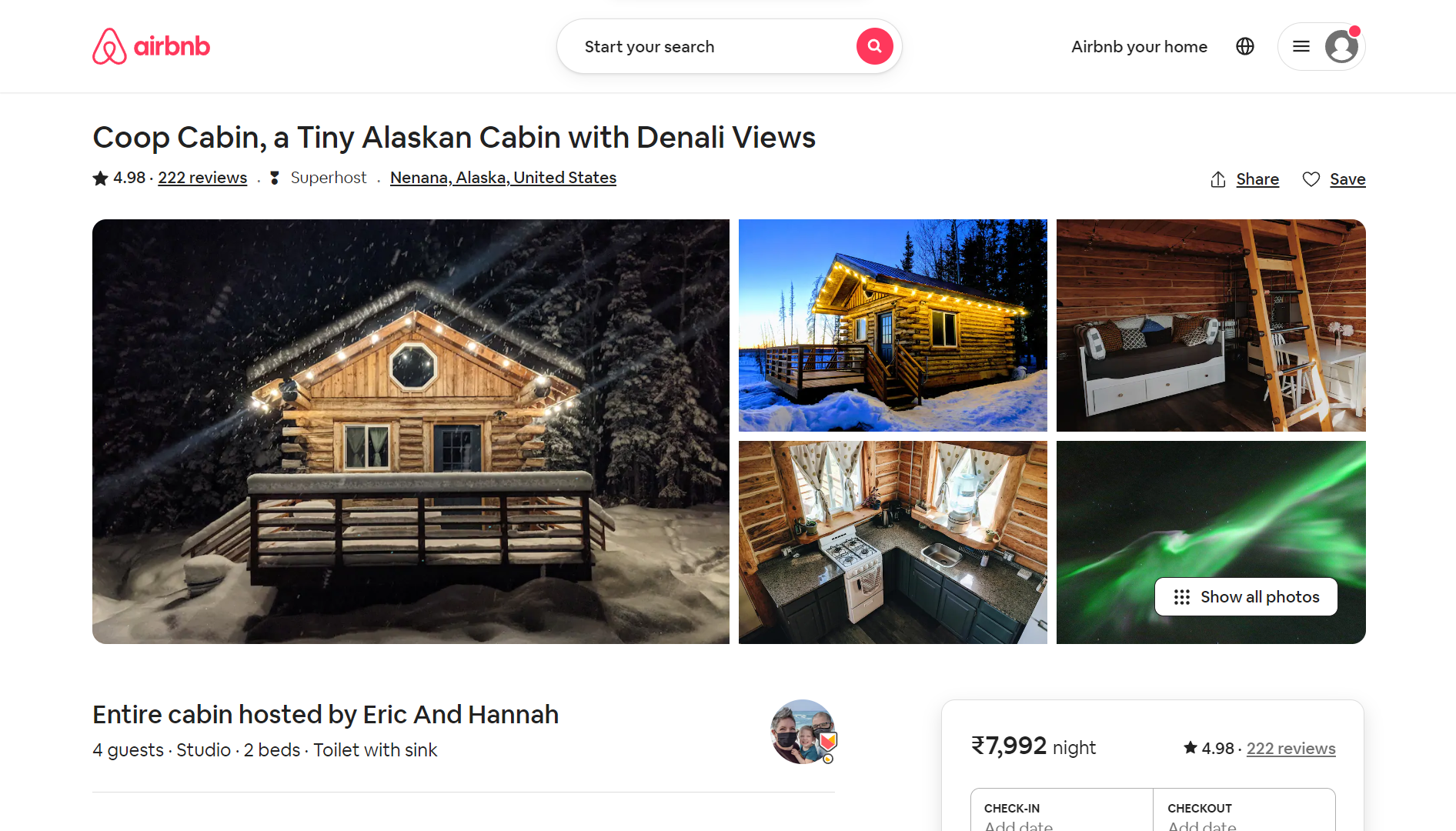 A screenshot of Airbnb listing in the Artic region of Alaska