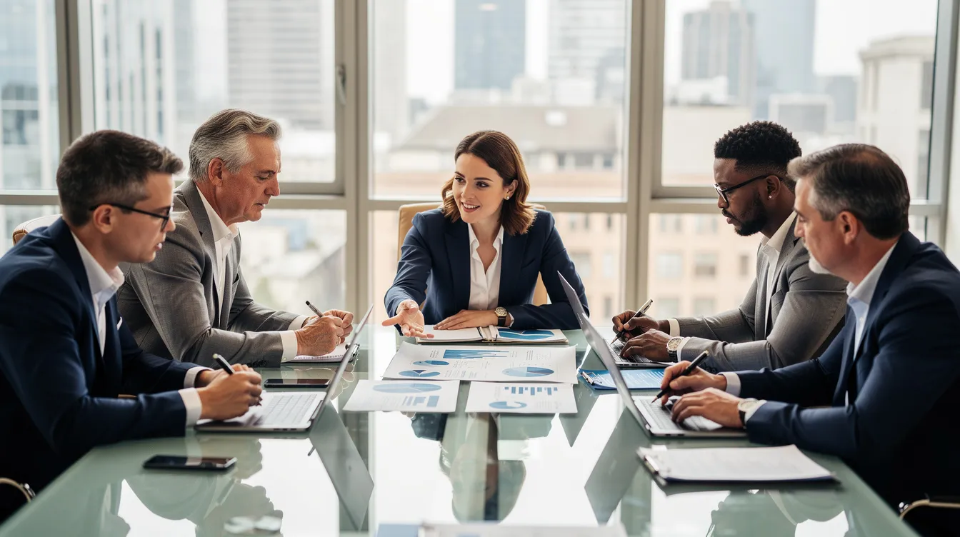 A group of business professionals is gathered around a conference table, intently reviewing documents related to forex trading and business plans. They appear engaged in discussions about regulatory compliance and the forex market, highlighting the importance of obtaining a forex broker license for their financial services operations.