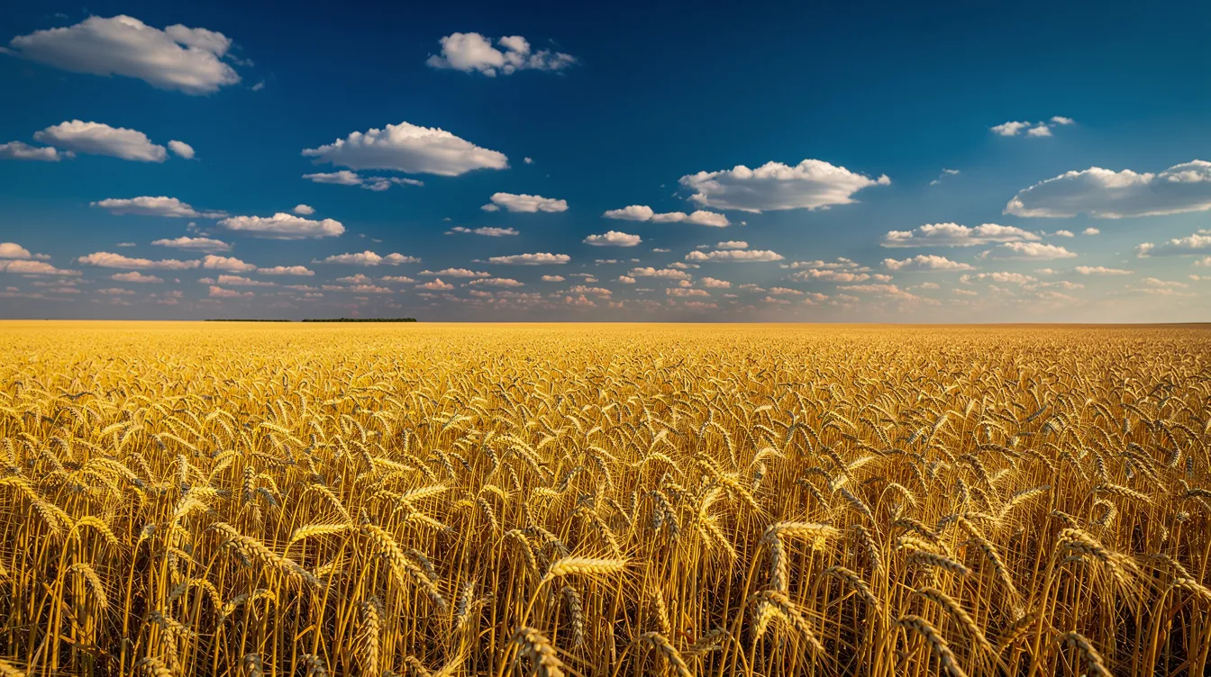 The image depicts a vast golden wheat field stretching under a deep blue sky dotted with fluffy white clouds, symbolizing the abundance and beauty of God's creation, reminiscent of the blessings found in the kingdom of God as described in the New Testament. This serene landscape reflects the peace and grace associated with Jesus Christ's teachings and the hope of His reign on earth.