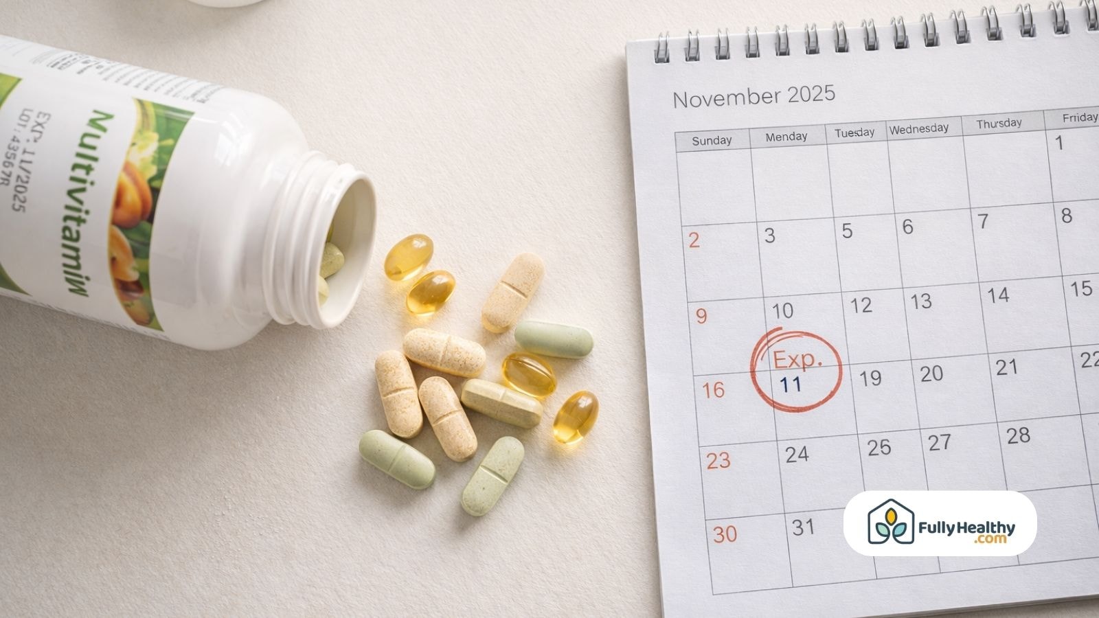 Multivitamin bottle spilled pills beside calendar marked expiration date