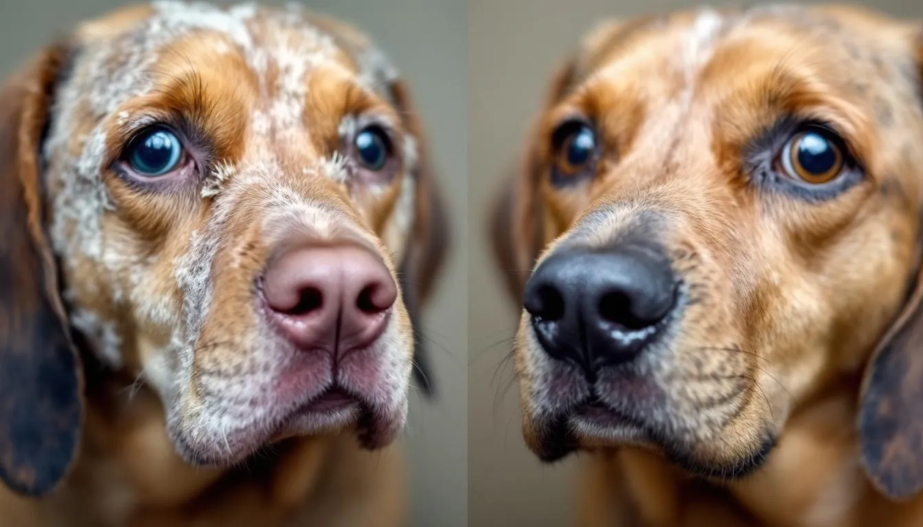 A close-up comparison illustrates dry, flaky skin on one side, indicative of primary or secondary seborrhea, while the other side shows oily, greasy skin often associated with seborrheic dermatitis in dogs. This visual highlights the different clinical signs of skin disorders, such as excessive scaling and inflammation, that can affect a dog