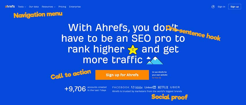 ahrefs homepage annotated