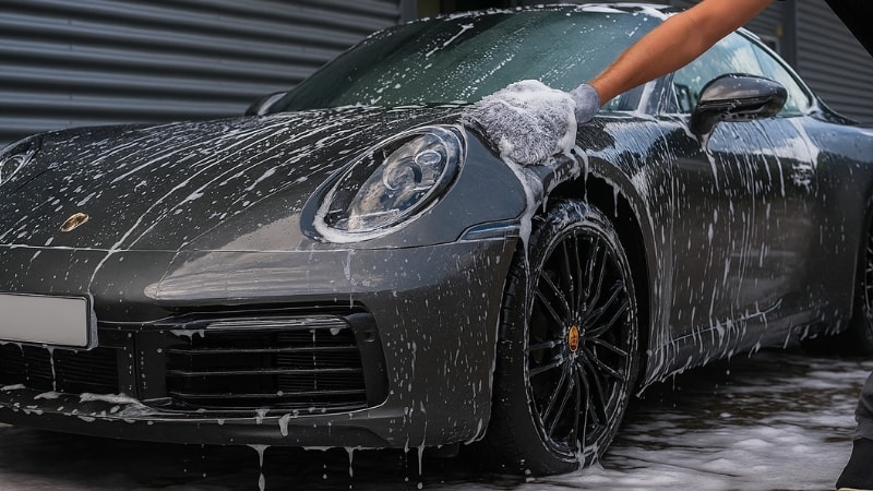 A Nardo Grey Porsche being washed with mild detergent for maintenance