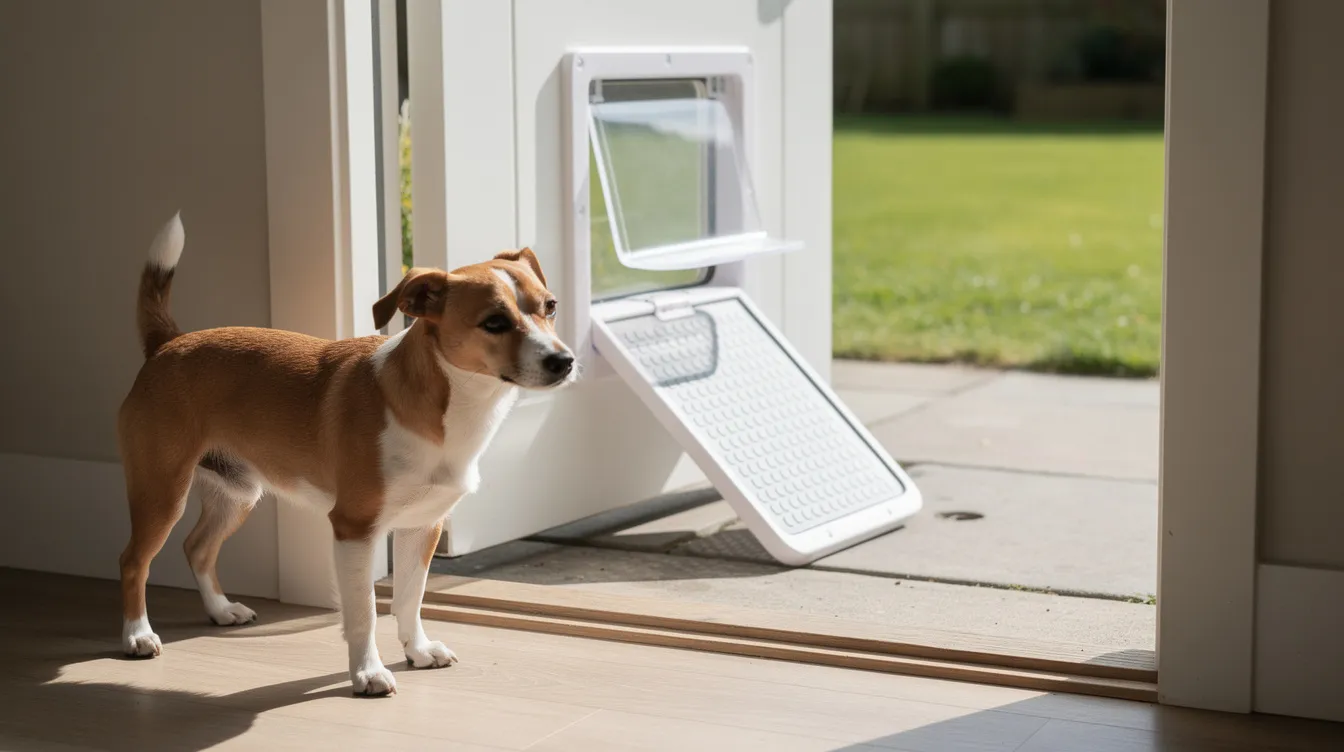 Ein kleiner Dackel steht in der Nähe einer Hundeklappe, neben einer kurzen Außenrampe, die Haustieren mit Mobilitätsproblemen hilft, sich leicht zu bewegen. Die Rampe bietet eine sanfte Neigung, wodurch der Welpe leicht ohne Springen oder steile Treppen ins Haus gelangen kann.