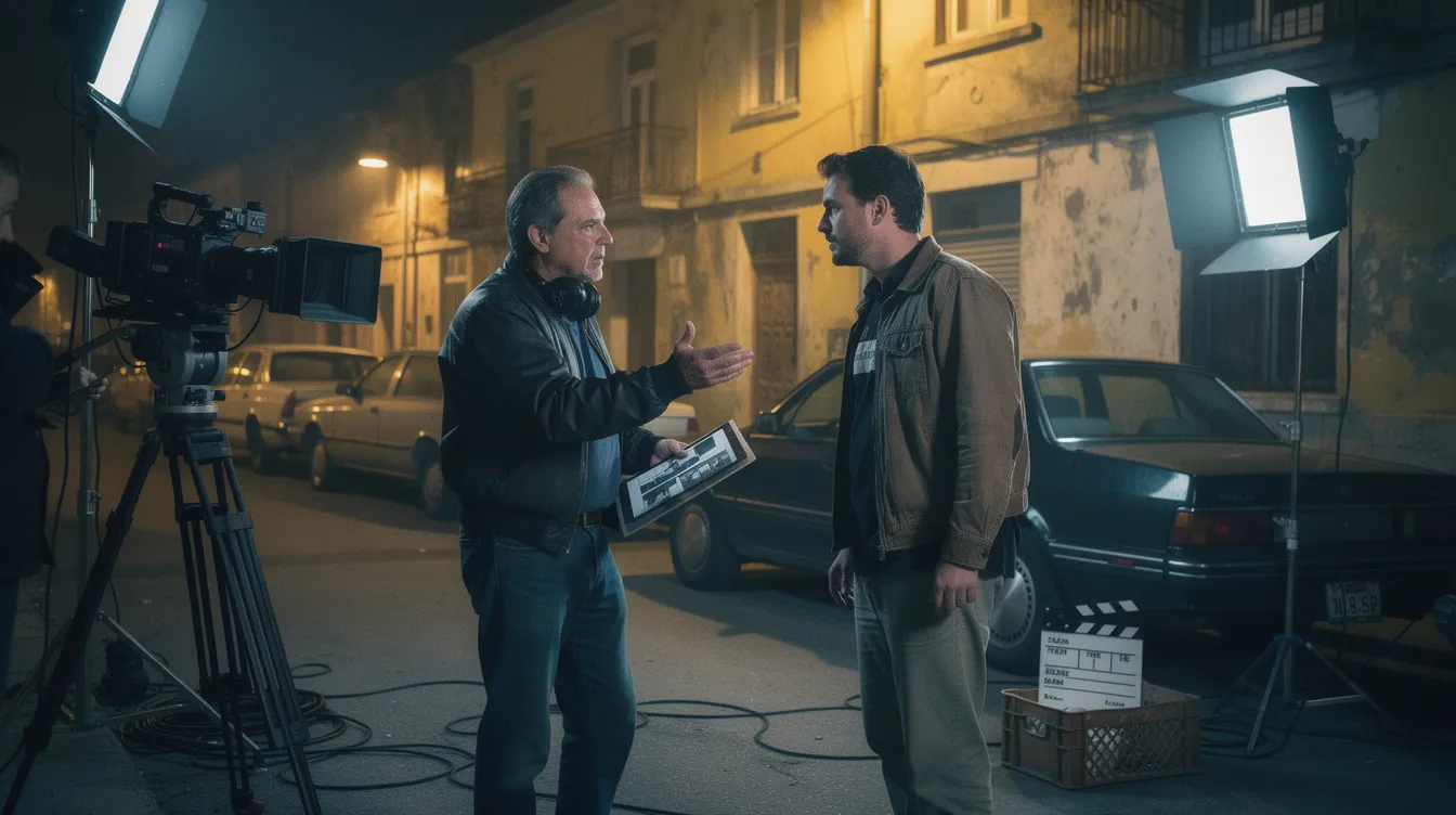 Ein Regisseur und ein Schauspieler stehen in einer düsteren Straßenkulisse, umgeben von alten Autos und vergilbten Häuserfassaden aus den 1980er Jahren, während sie eine Szene für ihren Film besprechen. Die Atmosphäre erinnert an die düstere Welt von Gotham City und vermittelt ein Gefühl von Spannung und Kreativität in der Filmanalyse.
