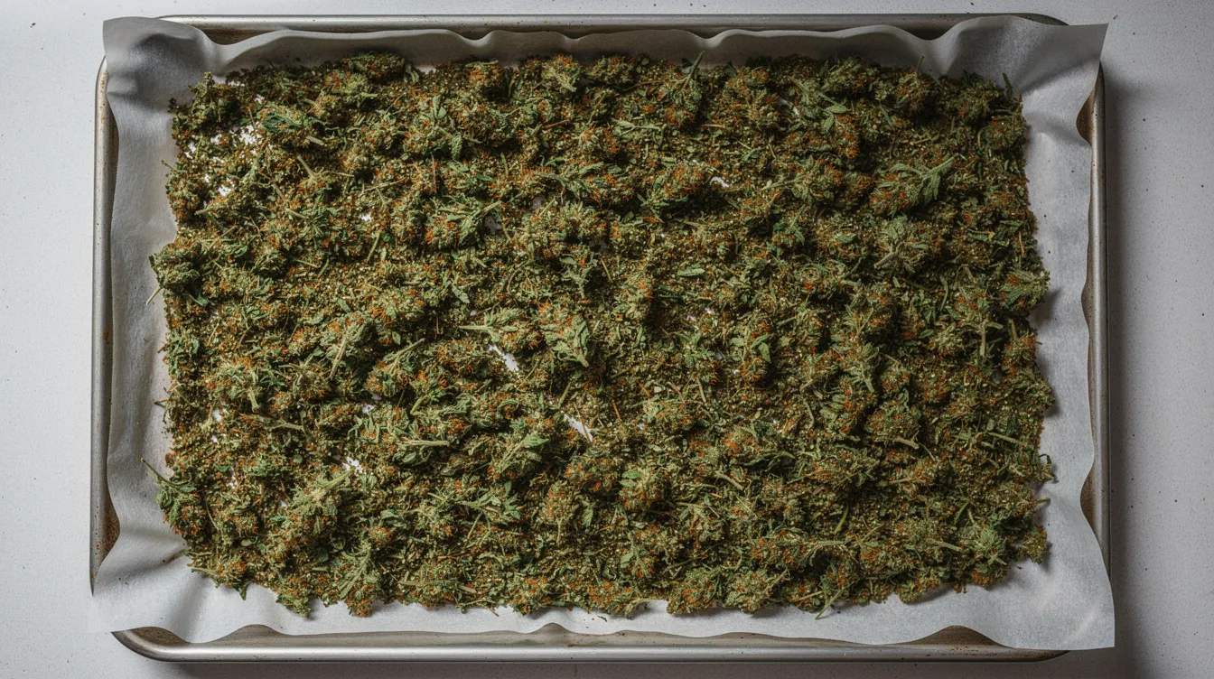 Cannabis gleichmäßig auf Backblech verteilt, bereit für die Decarboxylierung zur Herstellung von Cannabutter.