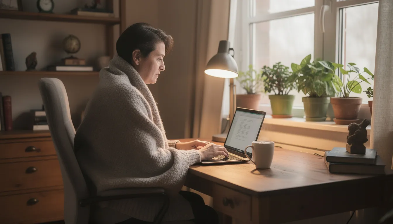 Na obrazku widzimy osobę pracującą przy laptopie w przytulnym domowym biurze, która ma na sobie ciepły koc polarowy zarzucony na ramiona. Koc z własnym nadrukiem dodaje wyjątkowego stylu i komfortu, tworząc idealne miejsce do długich godzin pracy.