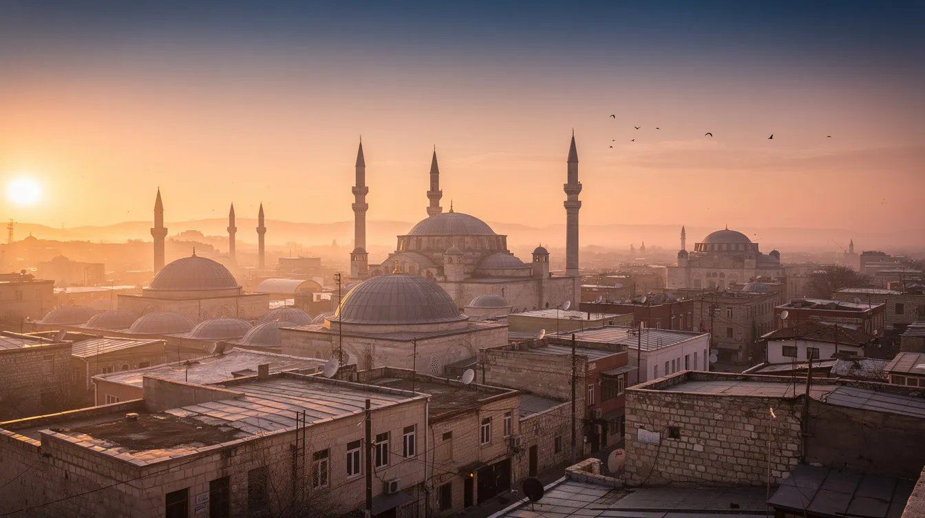 La imagen muestra una vista serena de Konya al atardecer, con cúpulas y minaretes que se alzan majestuosamente en el horizonte. La luz dorada del sol poniente resalta la belleza arquitectónica de esta ciudad, conocida como la ciudadela del islam y un importante centro cultural del sufismo.