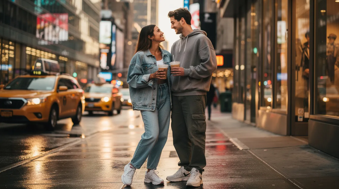 A young couple enjoys a romantic date in a bustling New York City setting, sharing laughter and intimate moments that highlight their emotional connection. Their interaction reflects the importance of secure attachment styles in fostering healthy relationships, as they navigate the complexities of adult dating life influenced by childhood experiences.