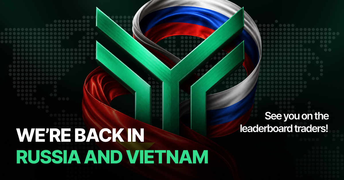 Green Funding Traders logo encircled by flowing Russian and Vietnamese flag ribbons over a dotted world map, announcing "We're back in Russia and Vietnam" with the note "See you on the leaderboard traders!"