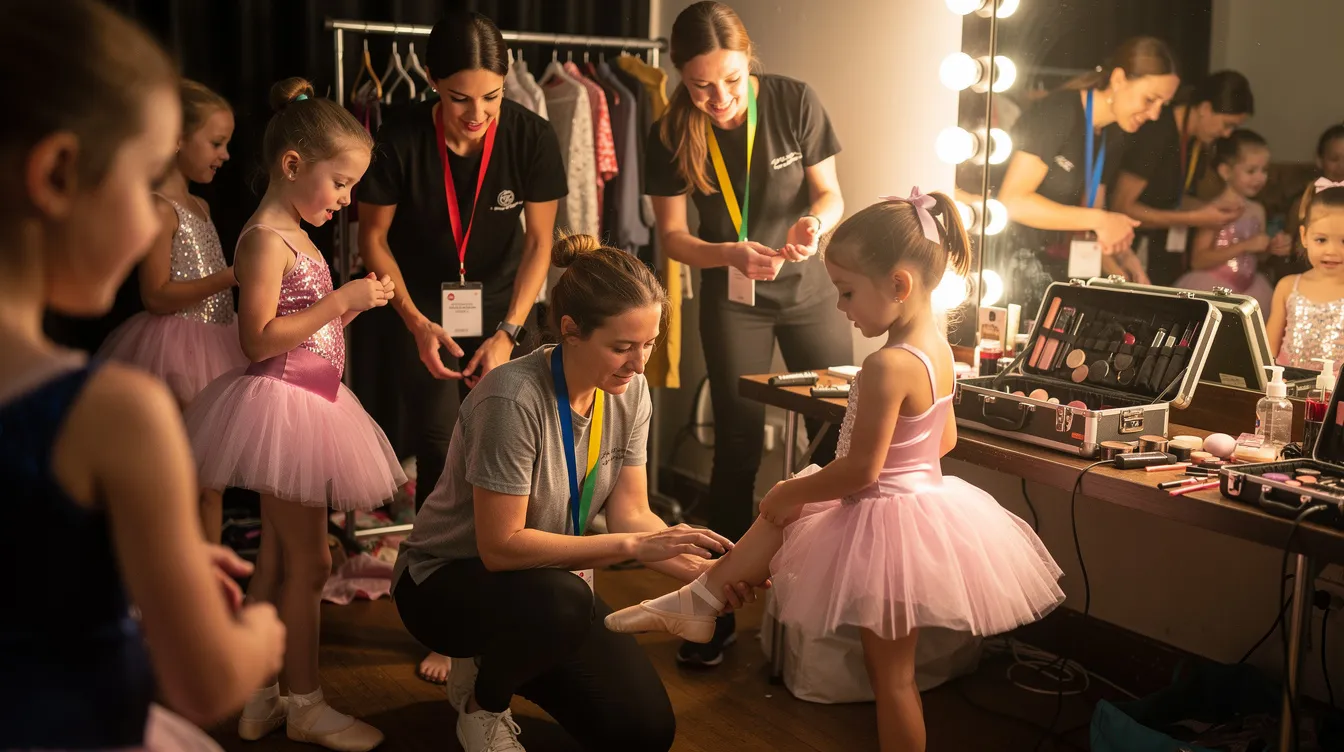 The image shows a group of enthusiastic volunteers wearing colorful lanyards, assisting young dancers as they prepare backstage for their performance. This supportive environment highlights the teamwork and organization necessary to ensure a smooth experience for everyone involved in the event.