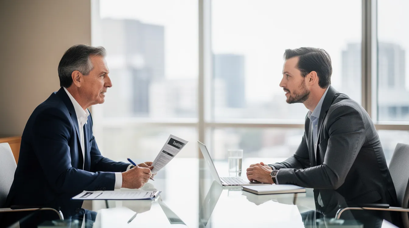 The image depicts two professionals engaged in a conversation during a job interview in a well-lit conference room. The hiring manager is asking interview questions while the job seeker confidently discusses their skills and experiences, highlighting their fit for the job title.