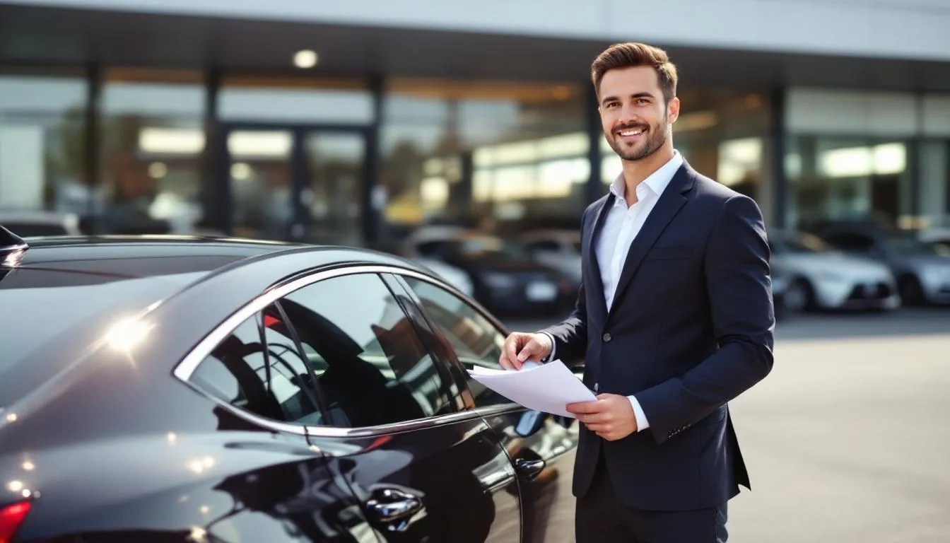 The image depicts a person reviewing car financing options