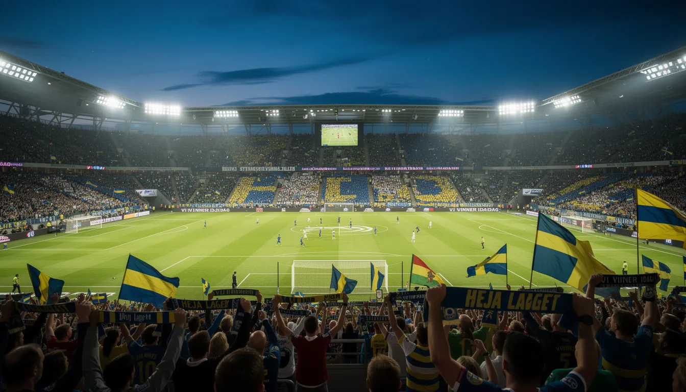 En fotbollsstadion är fylld med entusiastiska åskådare som hejar på sina lag under en kvällsmatch, belyst av starka lampor som skapar en festlig atmosfär. Denna spännande miljö är perfekt för alla som vill uppleva sport och betting hos 10bet.